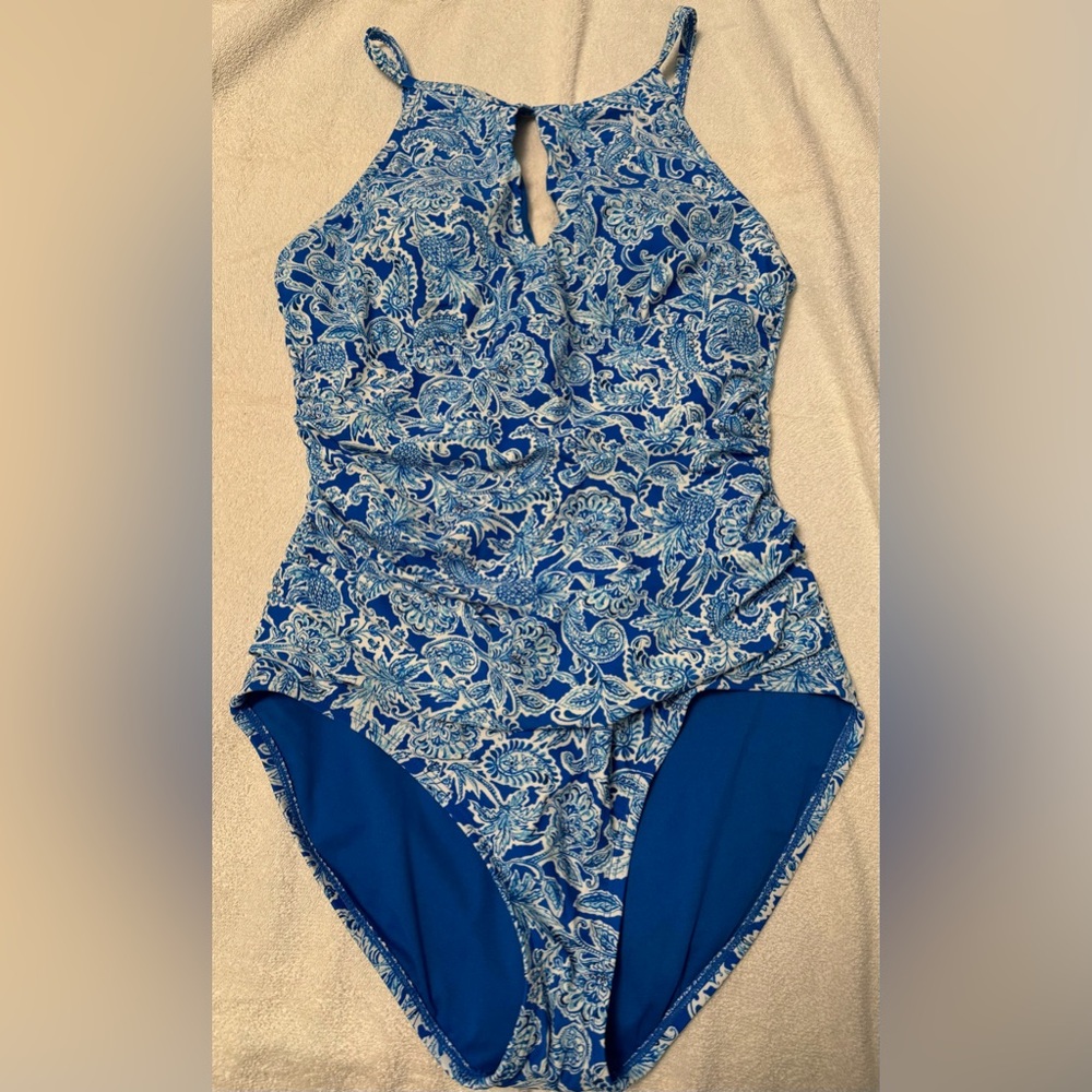 Ellen Tracy high neck one-piece swimsuit. Blue. Size 12. Excellent condition.